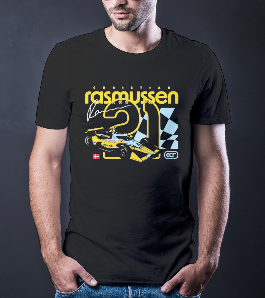 Christian Rasmussen ECR Number 21 Racing Splendor Denmark Flag Checkerboard T-Shirt