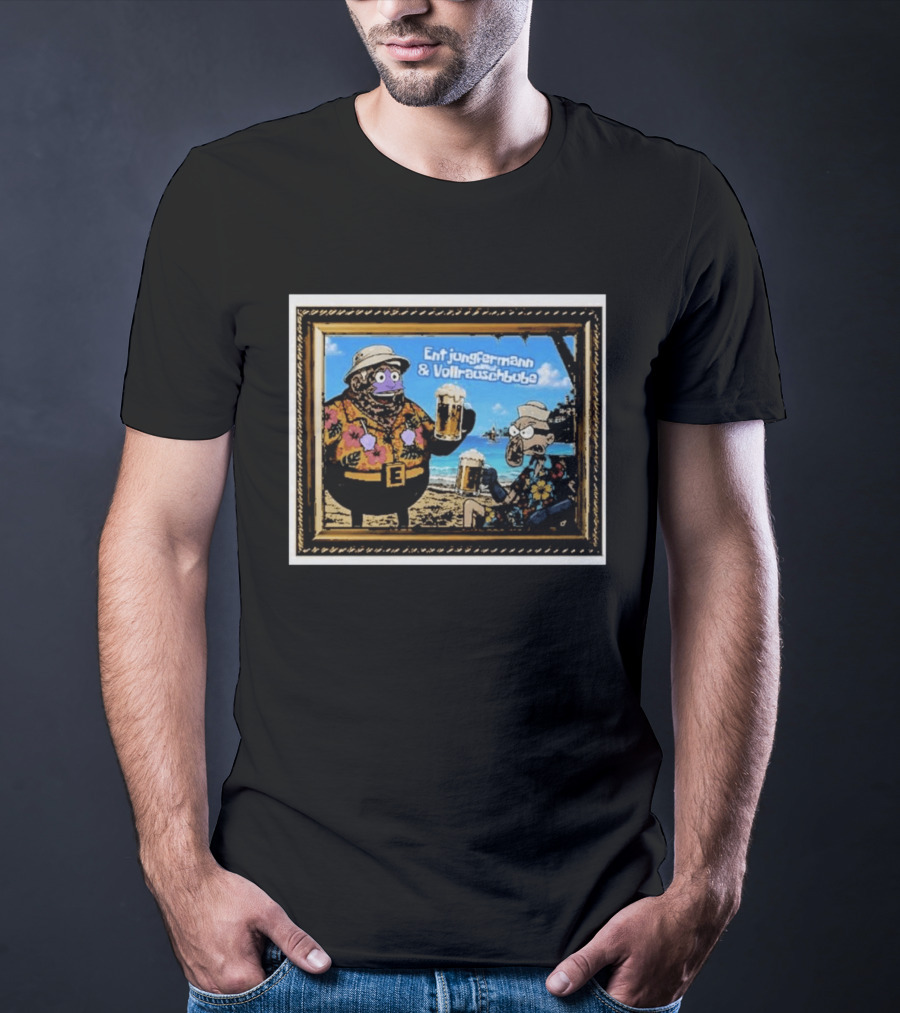 Entjungfermann And Vollrauschbube Tropical Beach Cartoon Characters Cheers With Beer T-Shirt
