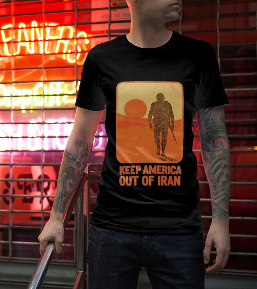 Keep America Out Of Iran Soldier Silhouette Desert Sunset Scene T-Shirt