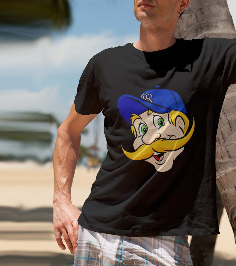 Milwaukee Brewers Big Face Mascot With Blue Cap And Mustache T-Shirt