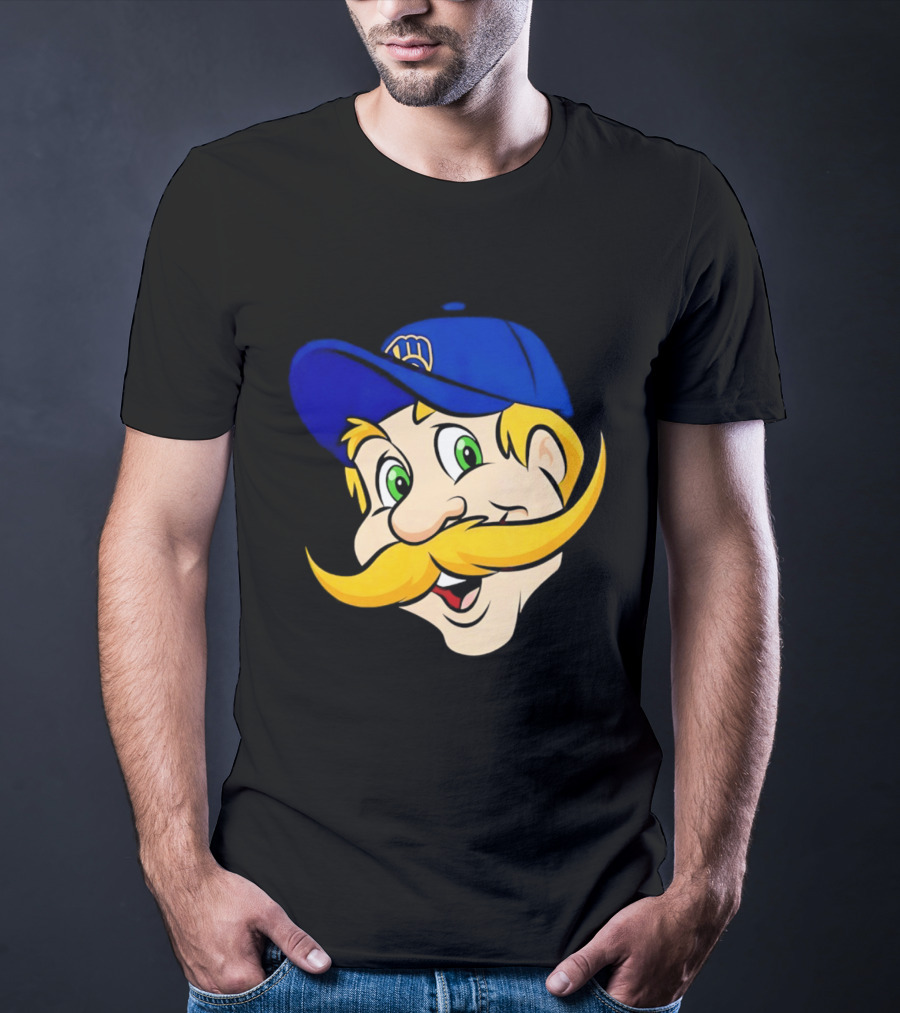 Milwaukee Brewers Big Face Mascot With Blue Cap And Mustache T-Shirt