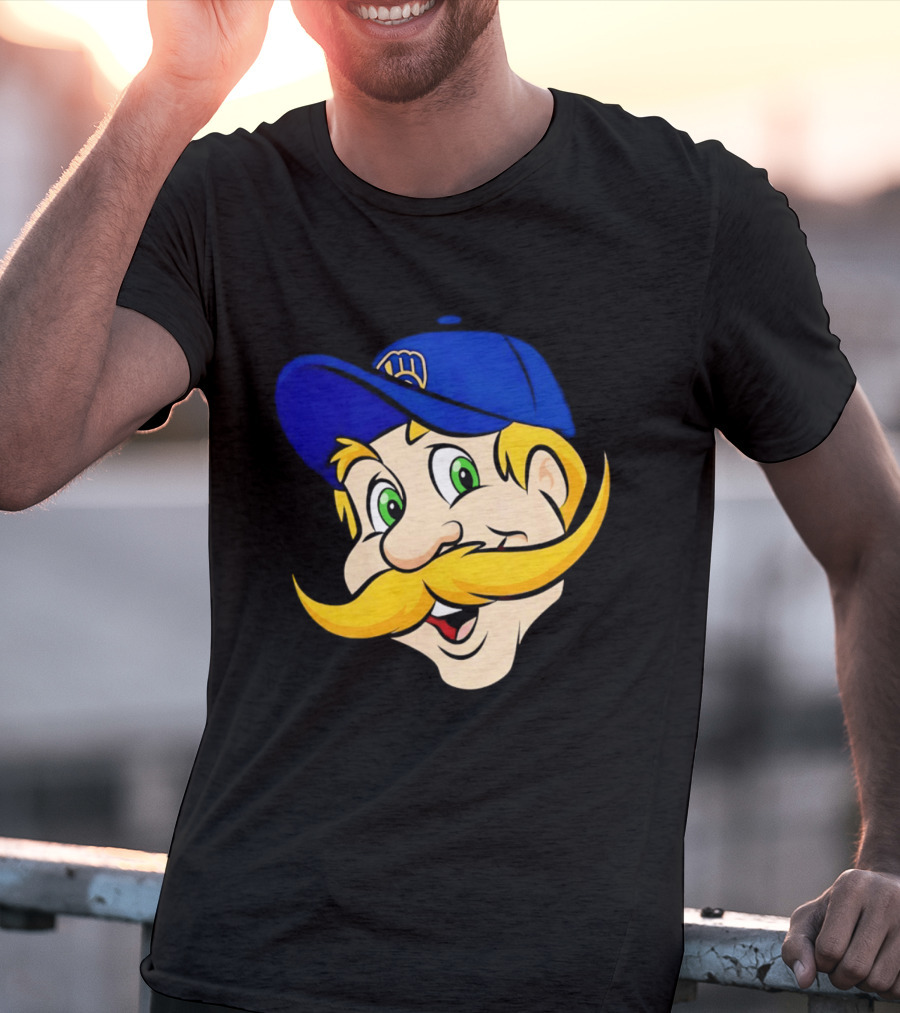 Milwaukee Brewers Big Face Mascot With Blue Cap And Mustache T-Shirt