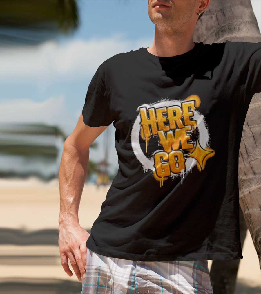 Pittsburgh Steelers Here We Go Yellow Graffiti Text With Star T-Shirt