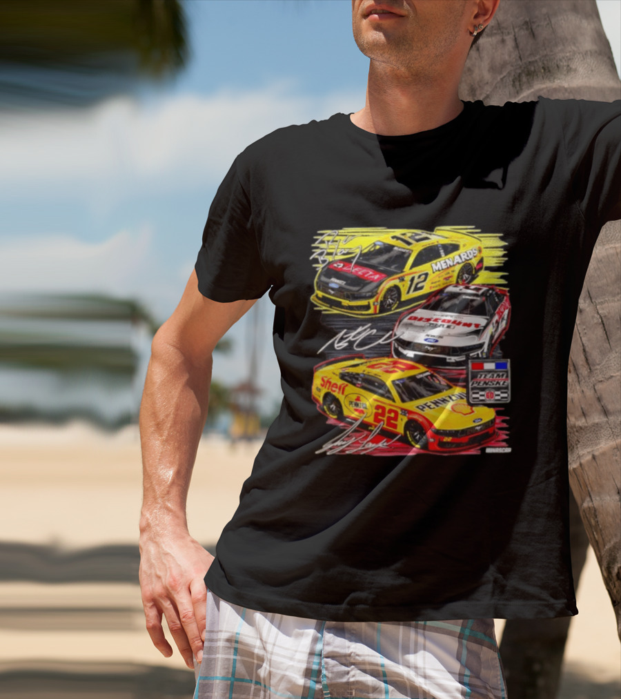 Team Penske 60th Anniversary NASCAR Racing Cars With Menards Shell Pennzoil Discount Tire Sponsors And Driver Signatures T-Shirt