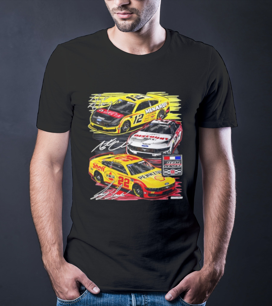 Team Penske 60th Anniversary NASCAR Racing Cars With Menards Shell Pennzoil Discount Tire Sponsors And Driver Signatures T-Shirt