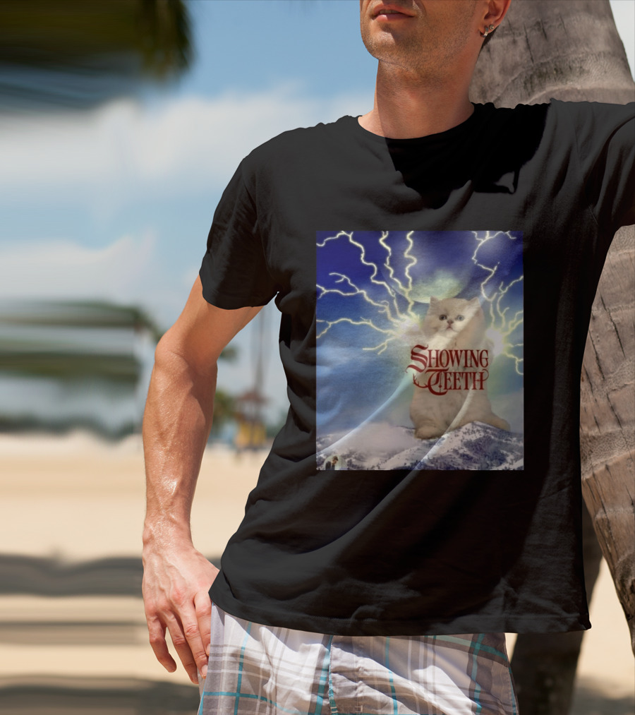 Showing Teeth Cat With Lightning Background In Blue Sky T-Shirt