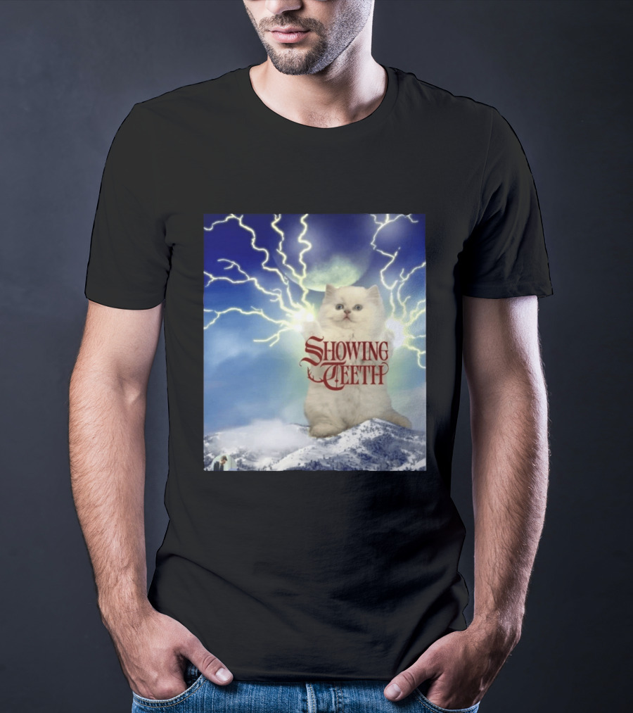 Showing Teeth Cat With Lightning Background In Blue Sky T-Shirt