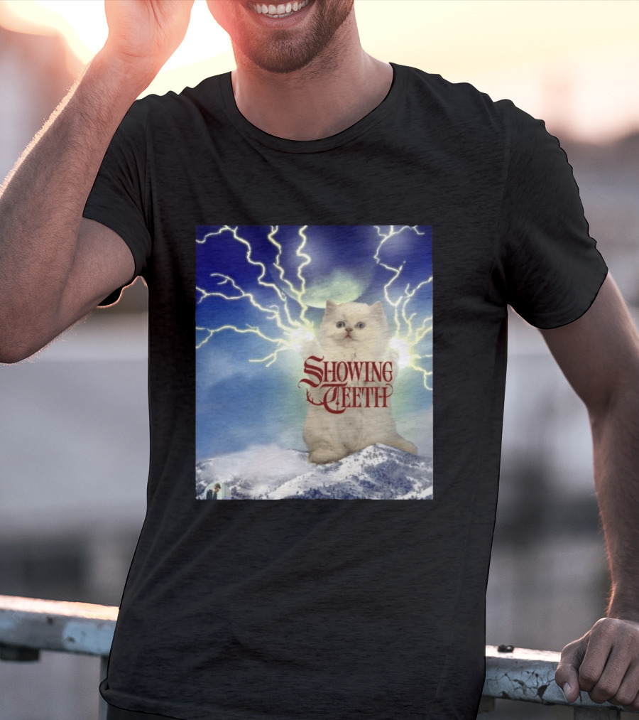Showing Teeth Cat With Lightning Background In Blue Sky T-Shirt