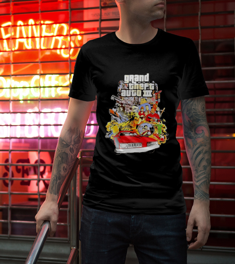 Grand Theft Auto III Characters Action Collage With Iconic Red Car T-Shirt