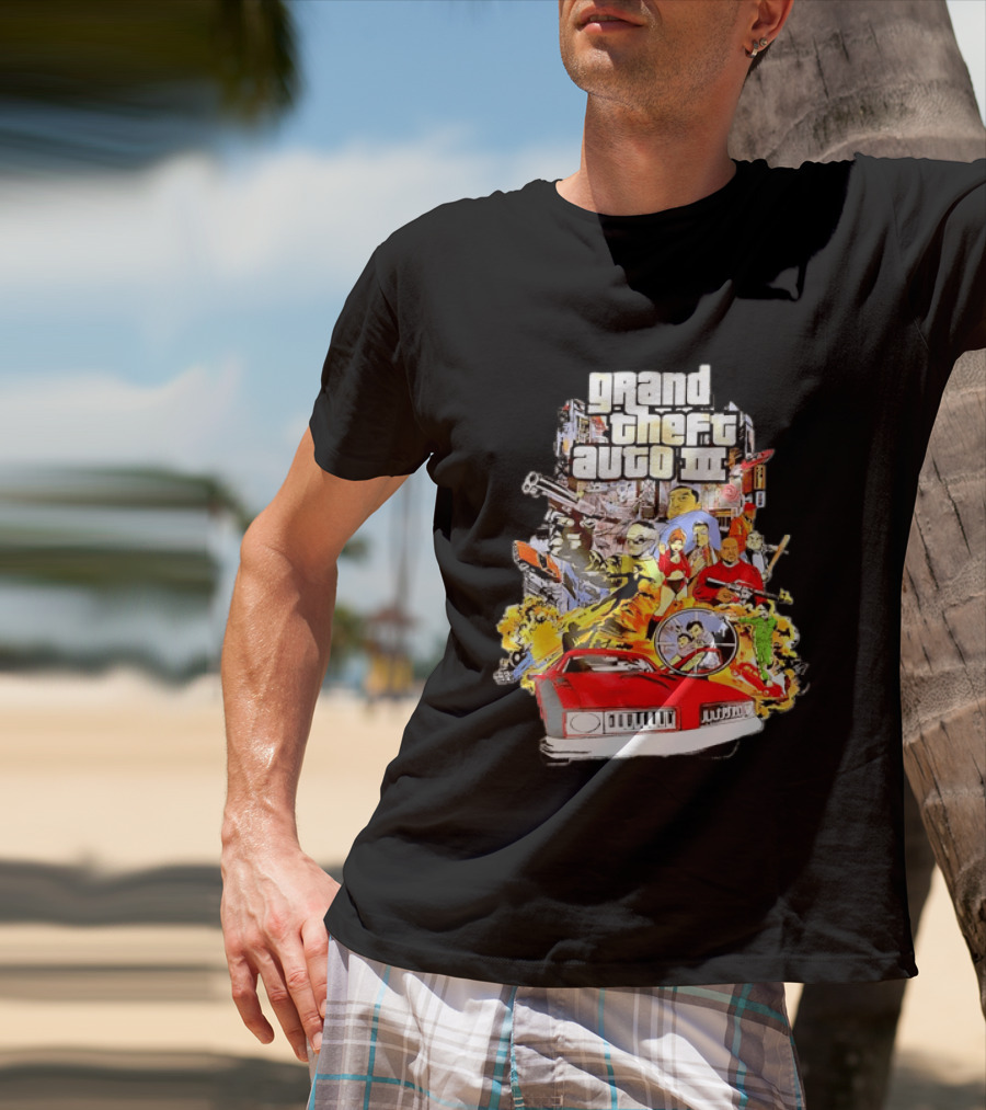Grand Theft Auto III Characters Action Collage With Iconic Red Car T-Shirt
