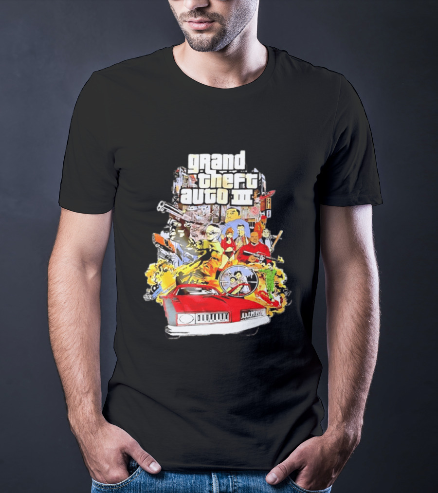 Grand Theft Auto III Characters Action Collage With Iconic Red Car T-Shirt
