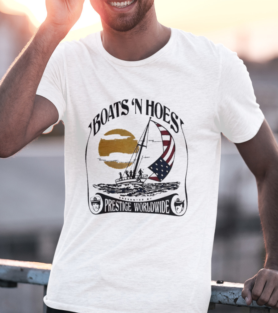 Boats N Hoes Prestige Worldwide USA Flag Sailing Sun Ocean T-Shirt