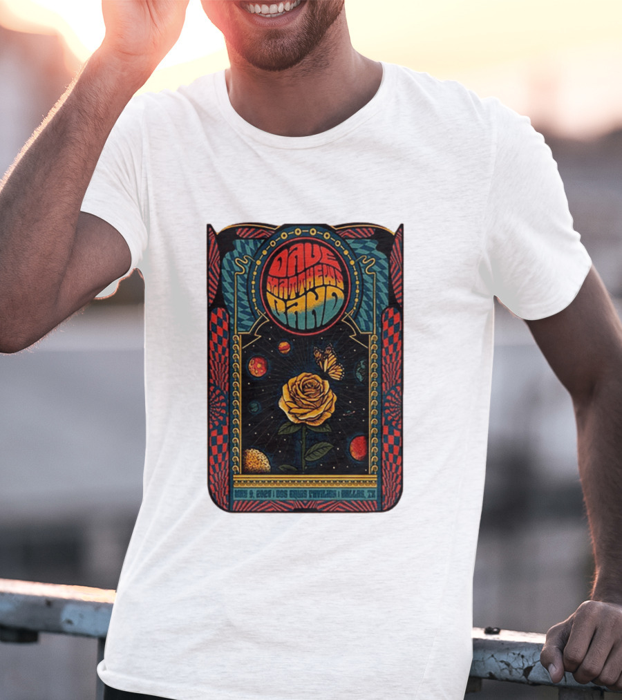 Dave Matthews Band May 9 2026 Dos Equis Pavilion Dallas TX Retro Psychedelic Butterfly Rose Planet T-Shirt