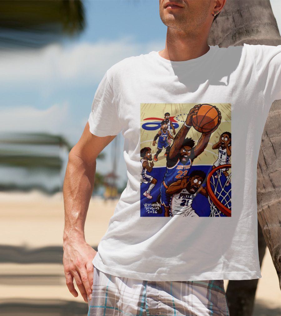 New York Knicks Mitchell Robinson Dunking On Philadelphia Joel Embiid Caricature 2026 Basketball Action T-Shirt