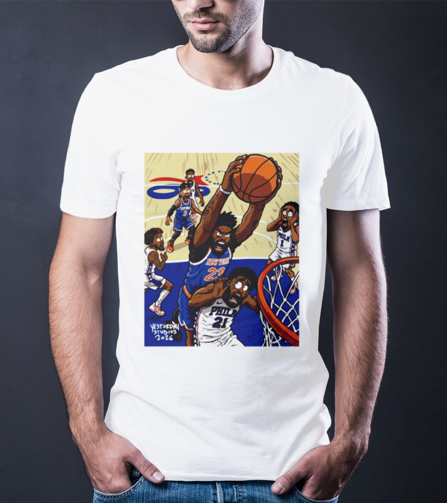 New York Knicks Mitchell Robinson Dunking On Philadelphia Joel Embiid Caricature 2026 Basketball Action T-Shirt