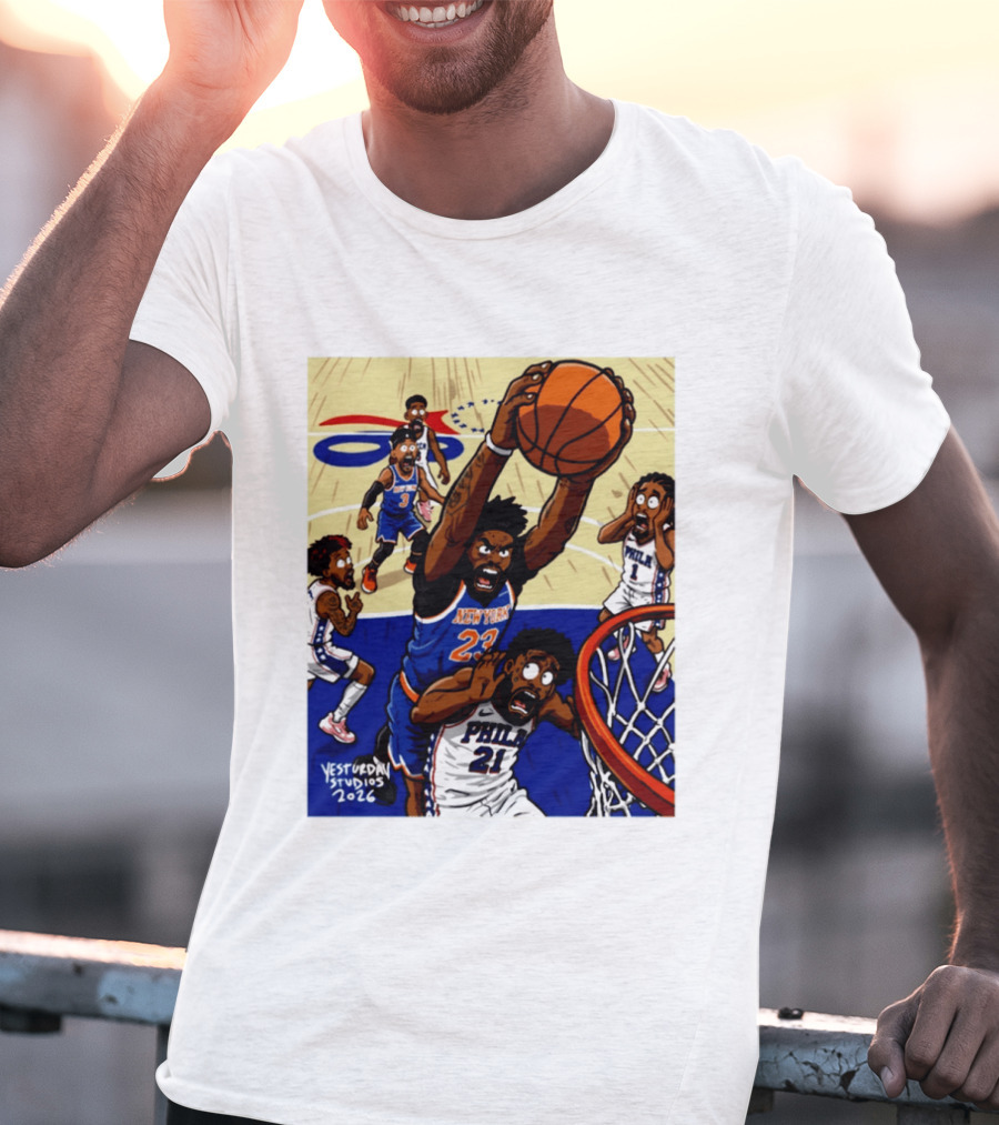 New York Knicks Mitchell Robinson Dunking On Philadelphia Joel Embiid Caricature 2026 Basketball Action T-Shirt