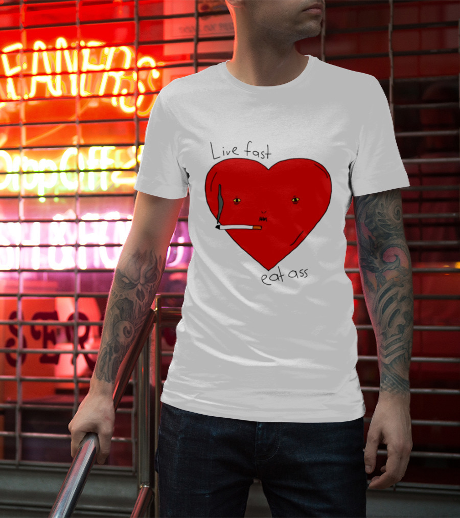 Live Fast Eat Ass Heart Smoking Cartoon T-Shirt