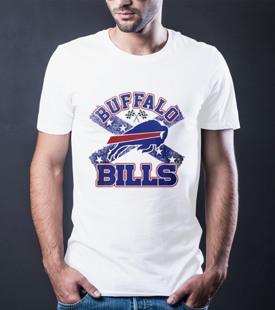 Buffalo Bills Caricature With Flag And Crossed Checkered Flags T-Shirt