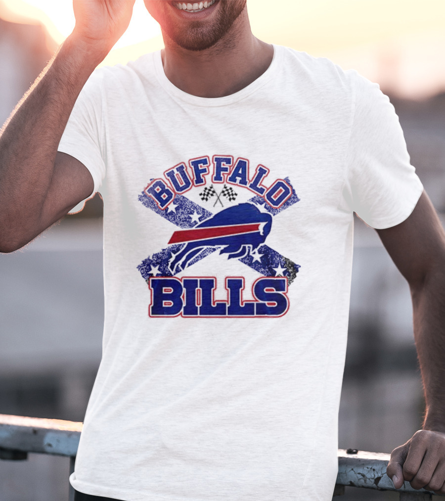Buffalo Bills Caricature With Flag And Crossed Checkered Flags T-Shirt