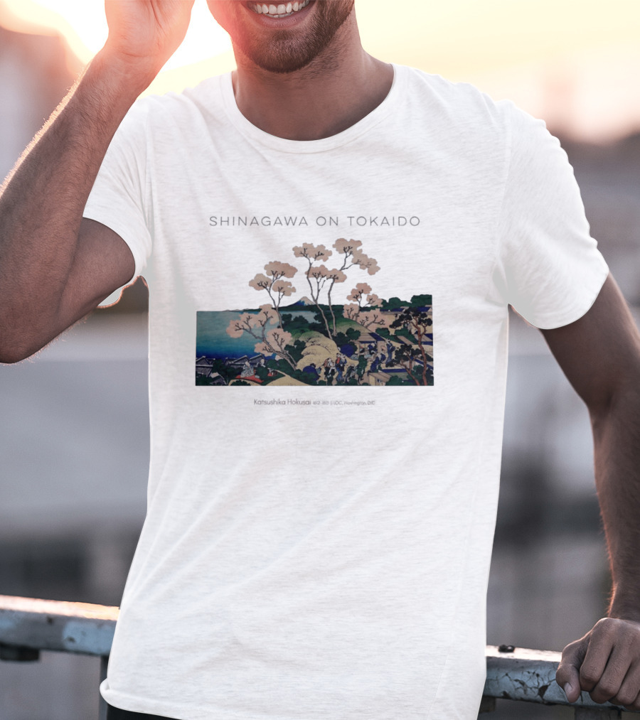 Shinagawa On Tokaido Katsushika Hokusai Cherry Blossoms And Travelers In Edo Period Japan T-Shirt