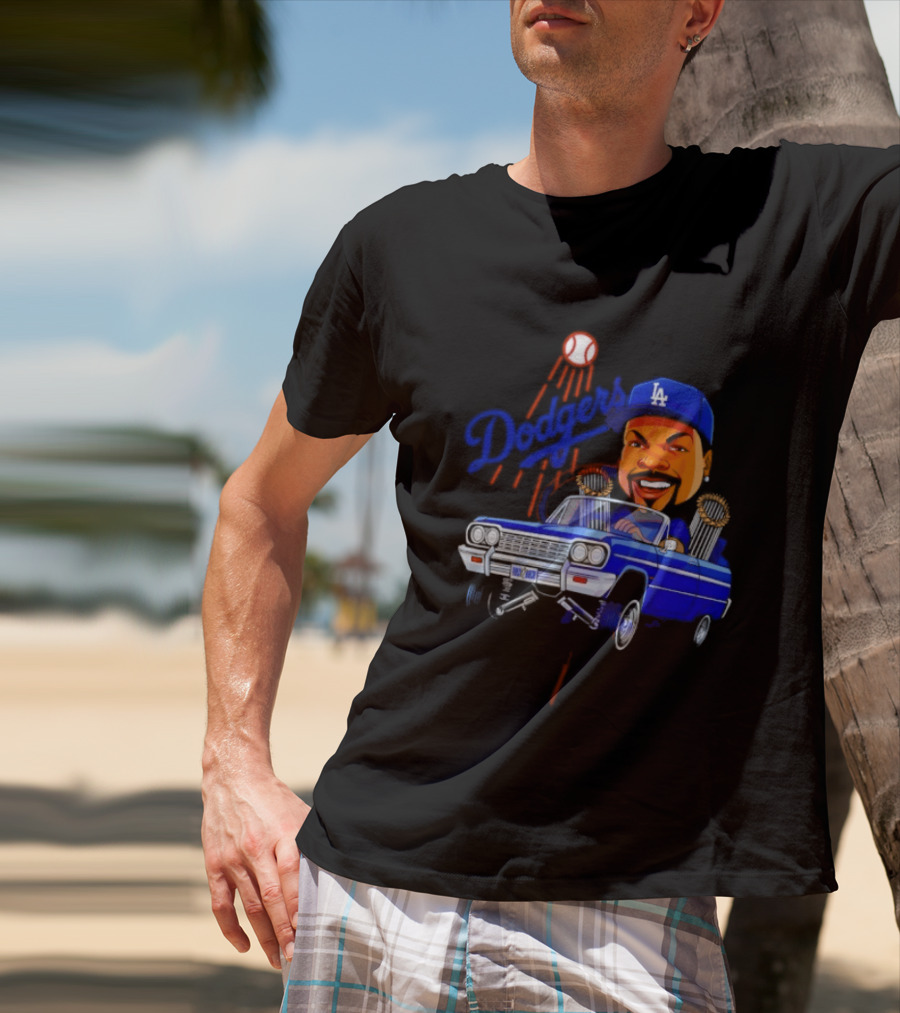 Ice Cube Cartoon Driving Lowrider Los Angeles Dodgers Baseball T-Shirt