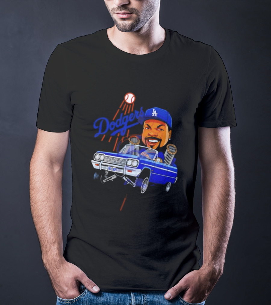 Ice Cube Cartoon Driving Lowrider Los Angeles Dodgers Baseball T-Shirt