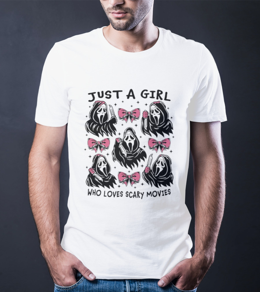 Just A Girl Who Loves Scary Movies Ghost Face Pink Bow T-Shirt