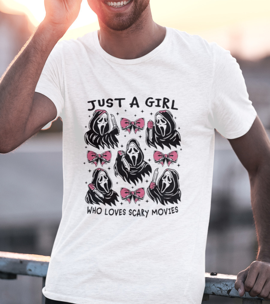 Just A Girl Who Loves Scary Movies Ghost Face Pink Bow T-Shirt