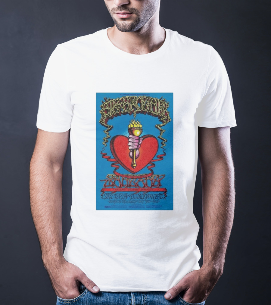 Big Brother The Holding Company Blue Background Red Heart And Torch Iconic Psychedelic T-Shirt