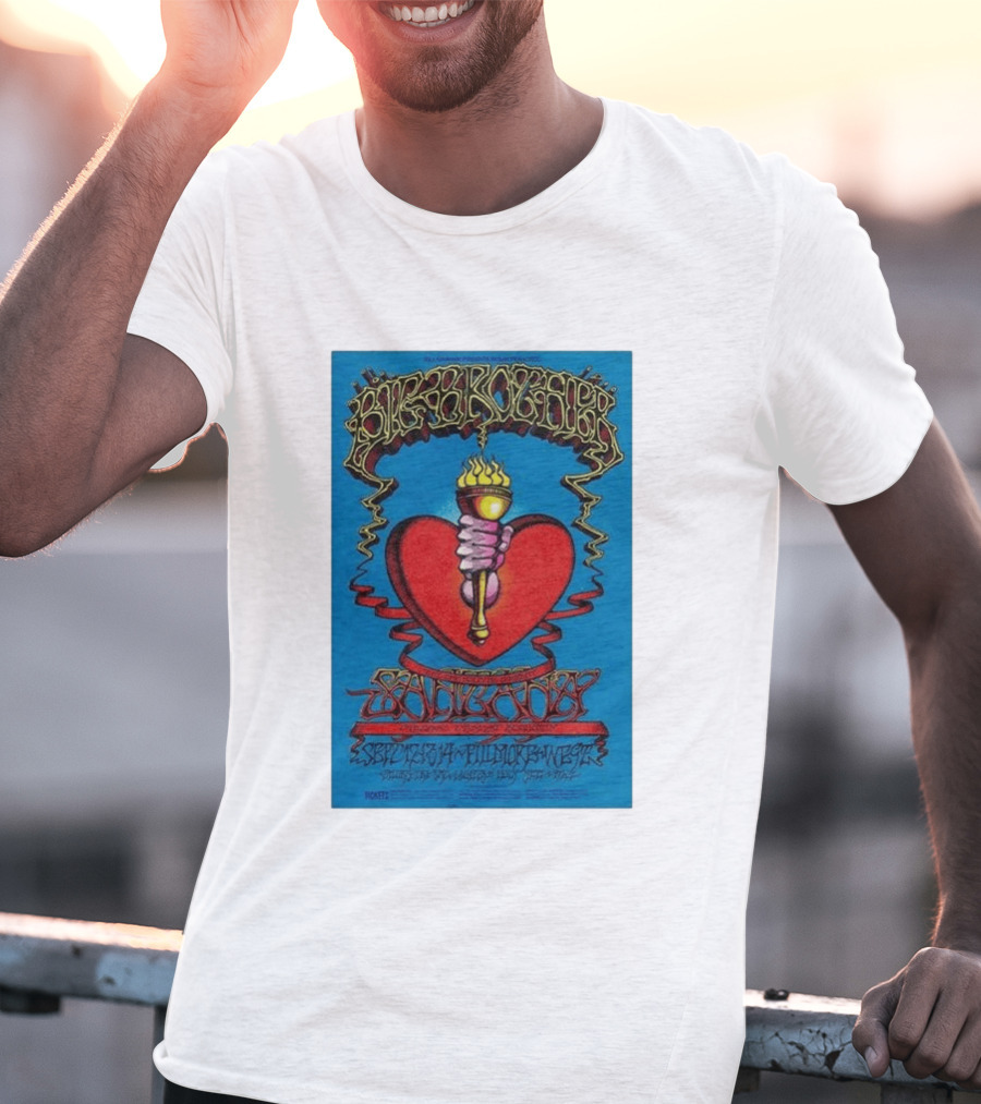 Big Brother The Holding Company Blue Background Red Heart And Torch Iconic Psychedelic T-Shirt