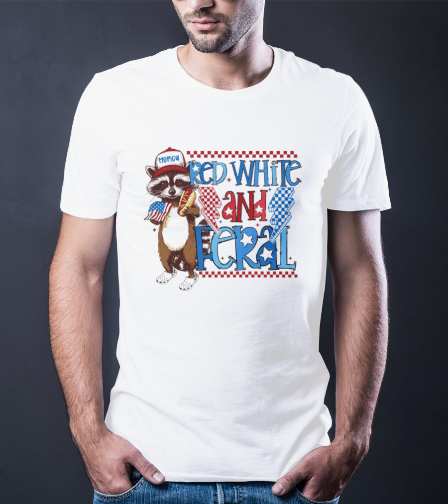 Red White And Feral Raccoon Hot Dog Patriotic 4th Of July Celebration T-Shirt