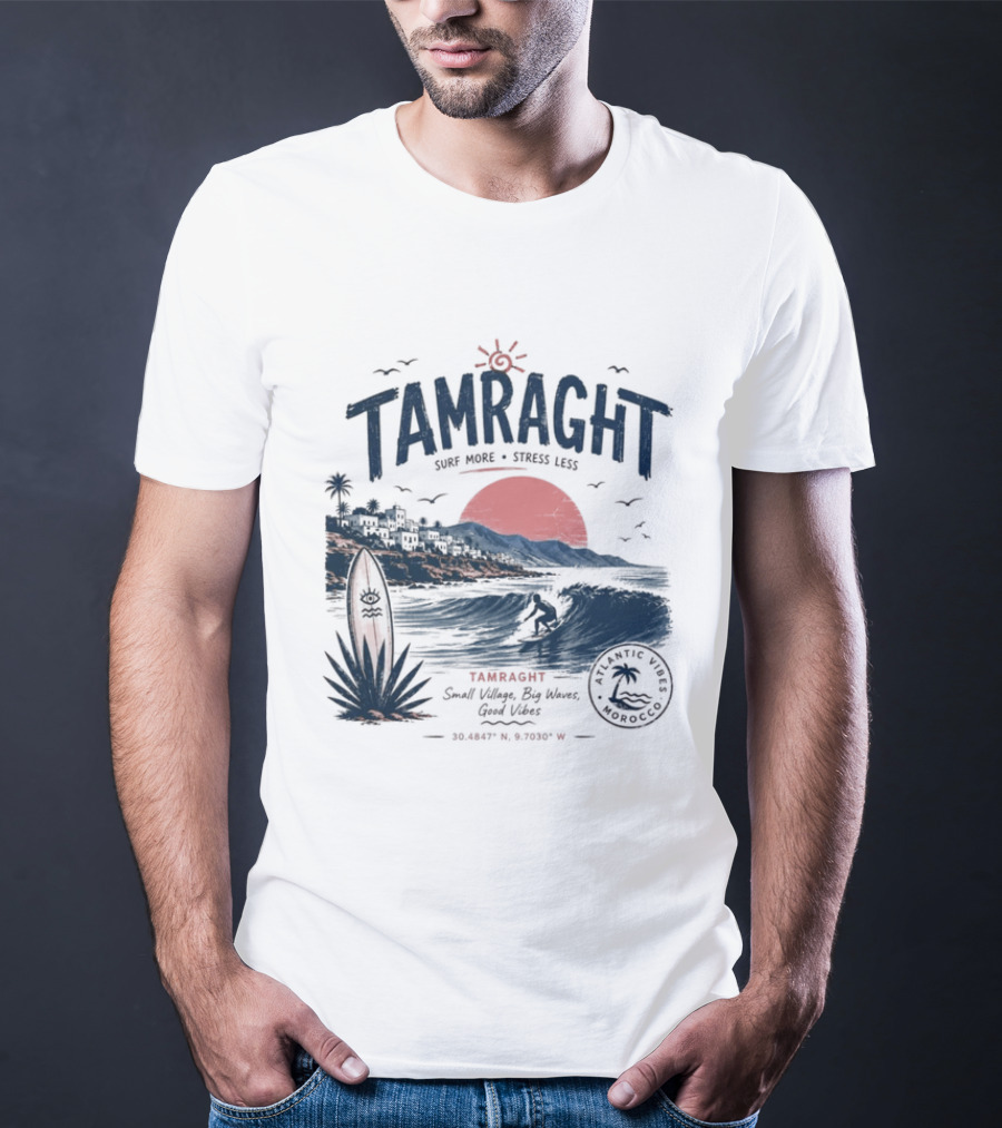 Tamraght Surf Maroc A Surfing Adventure Red Sun Ocean Waves T-Shirt