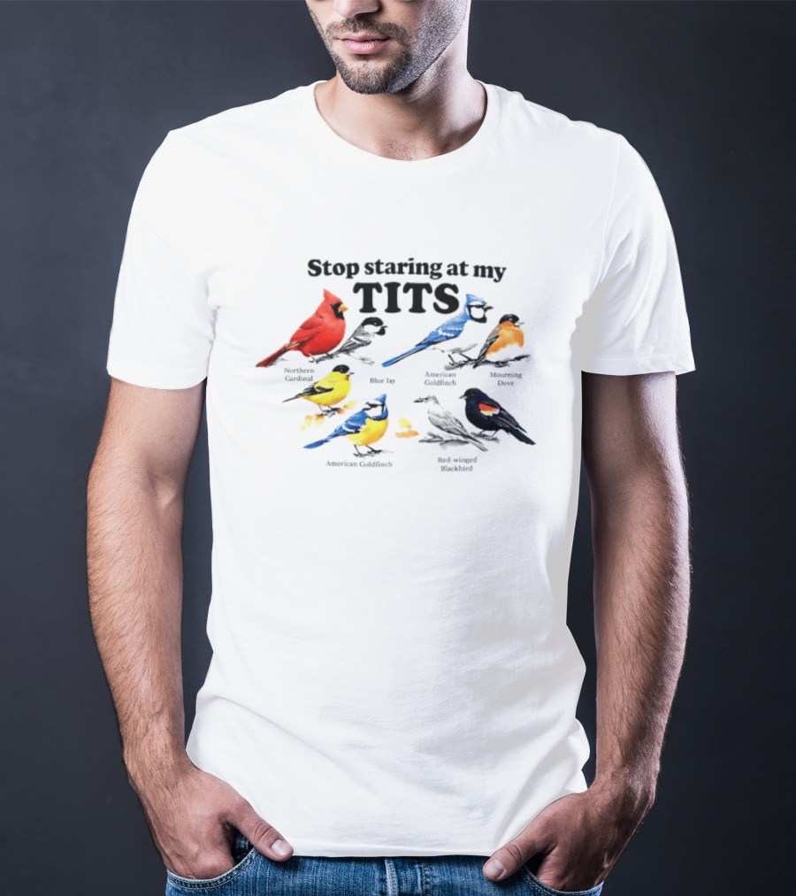 Stop Staring At My Tits Northern Cardinal Blue Jay American Goldfinch Mourning Dove Red Winged Blackbird T-Shirt