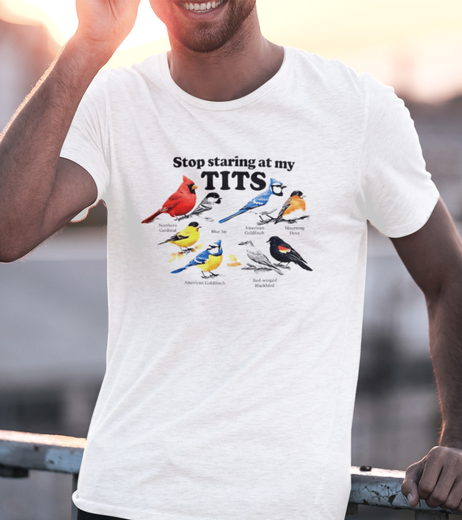 Stop Staring At My Tits Northern Cardinal Blue Jay American Goldfinch Mourning Dove Red Winged Blackbird T-Shirt