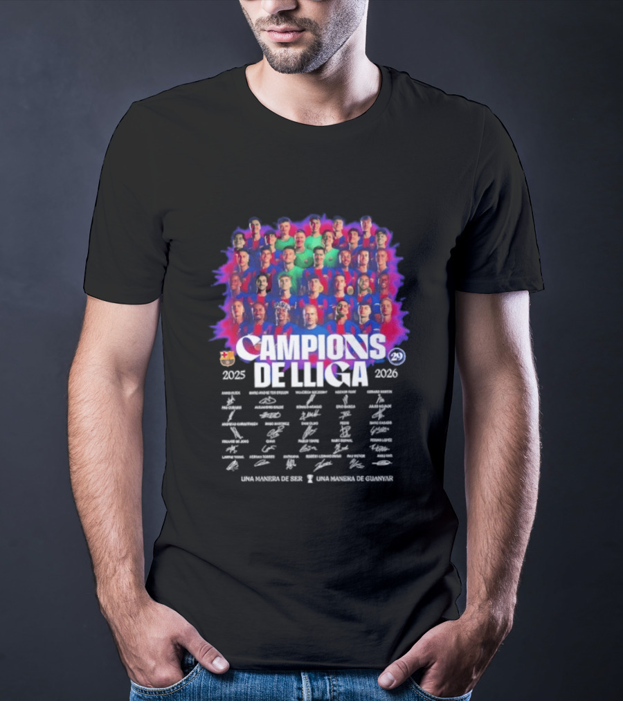 Barcelona FC Campions De Lliga 2025 2026 Signatures Una Manera De Ser T-Shirt