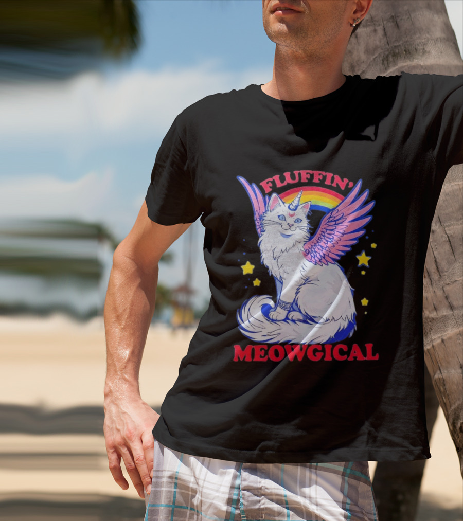 Fluffin' Meowgical Winged Unicorn Cat Rainbow Stars T-Shirt