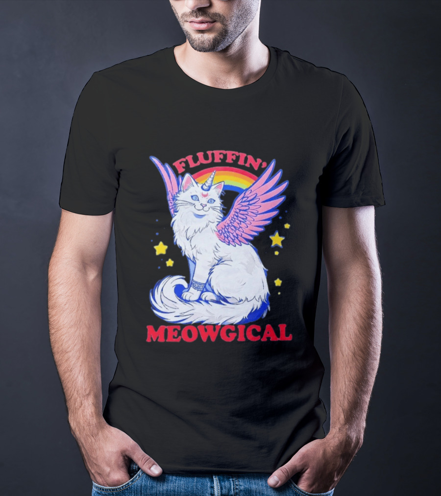 Fluffin' Meowgical Winged Unicorn Cat Rainbow Stars T-Shirt