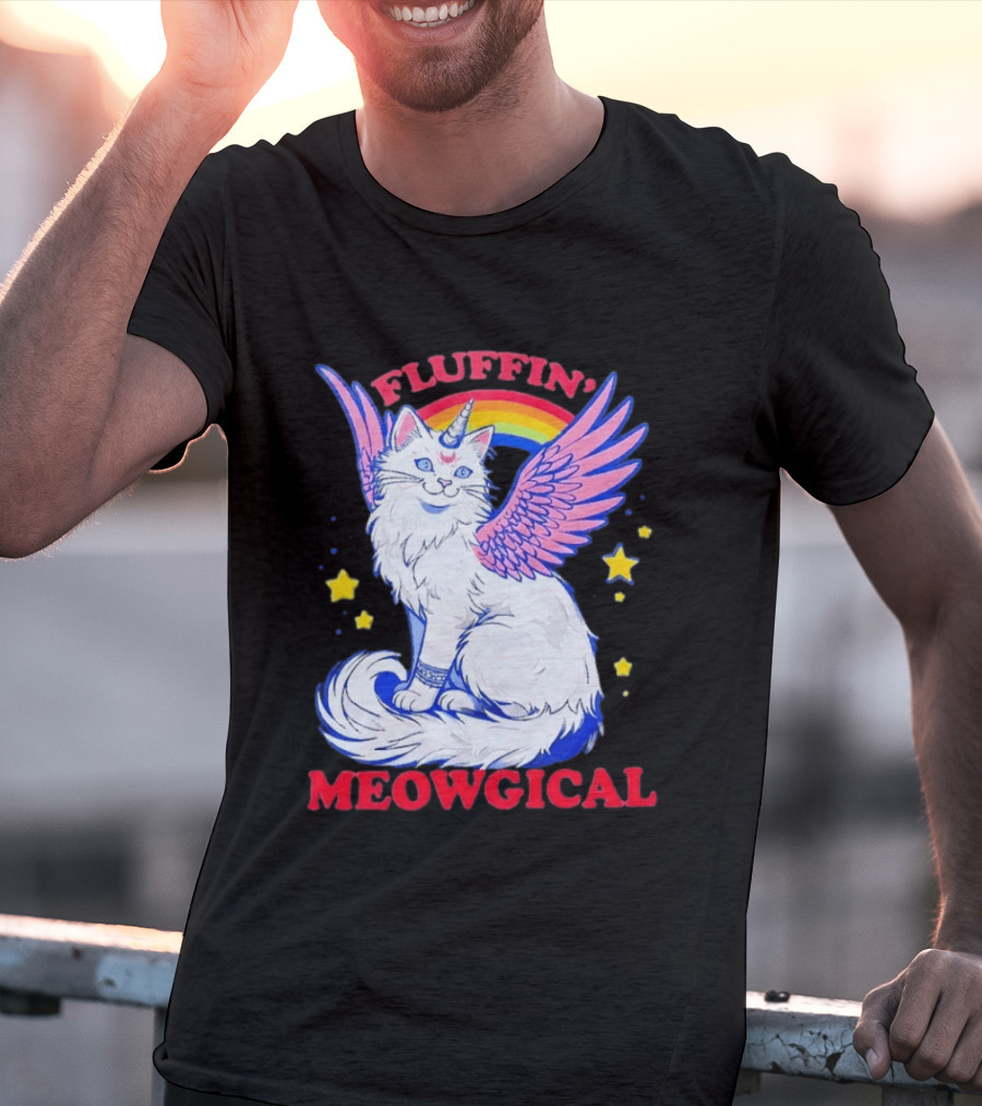Fluffin' Meowgical Winged Unicorn Cat Rainbow Stars T-Shirt