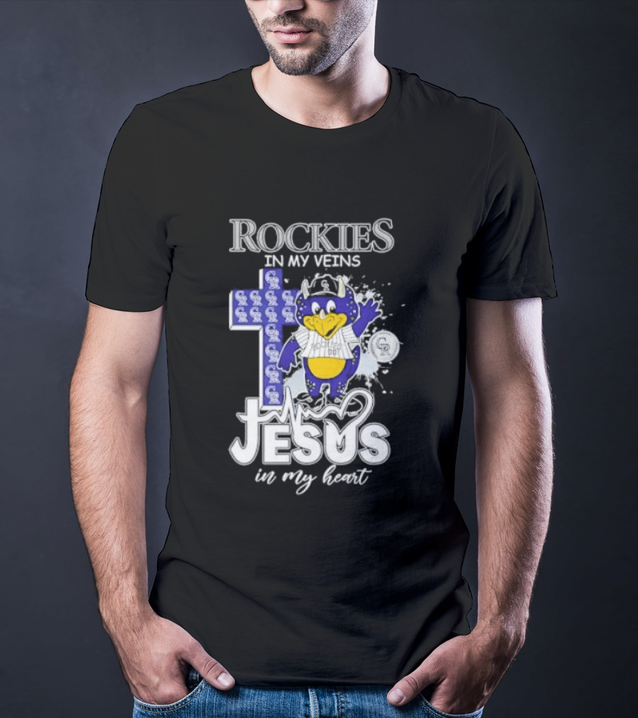 Colorado Rockies Baseball In My Veins Jesus In My Heart Cross Christian Rockies T-Shirt