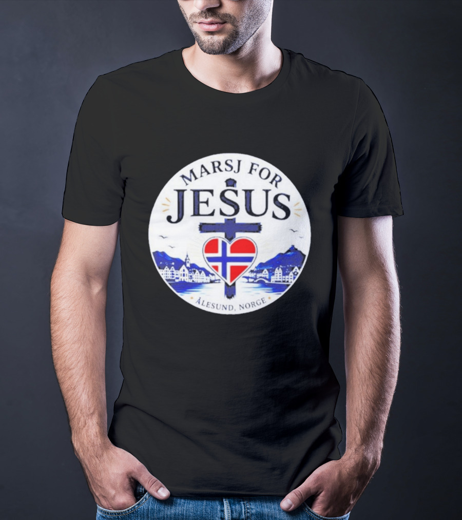 Marsj For Jesus Ålesund Norge Heart And Cross With Norwegian Flag T-Shirt