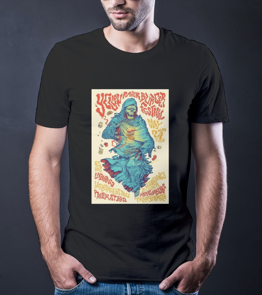 Yellow Paper Burger Festival May 23rd 2026 A's BBQ La Burg Standing's Butcher Taylor Burger River St BBQ Hamburgers Nice T-Shirt