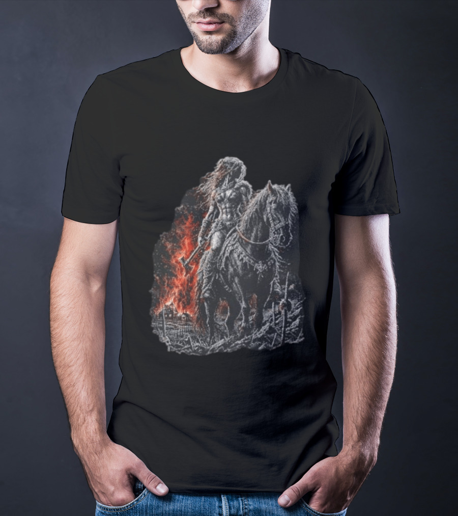 Barbarian Woman Dark Fantasy Warrior On Horseback With Axe And Fire T-Shirt