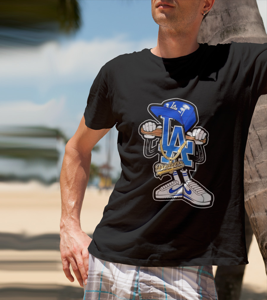 LA Dodgers Palm Trees Gold Chain With Blue Hat And Sneakers T-Shirt