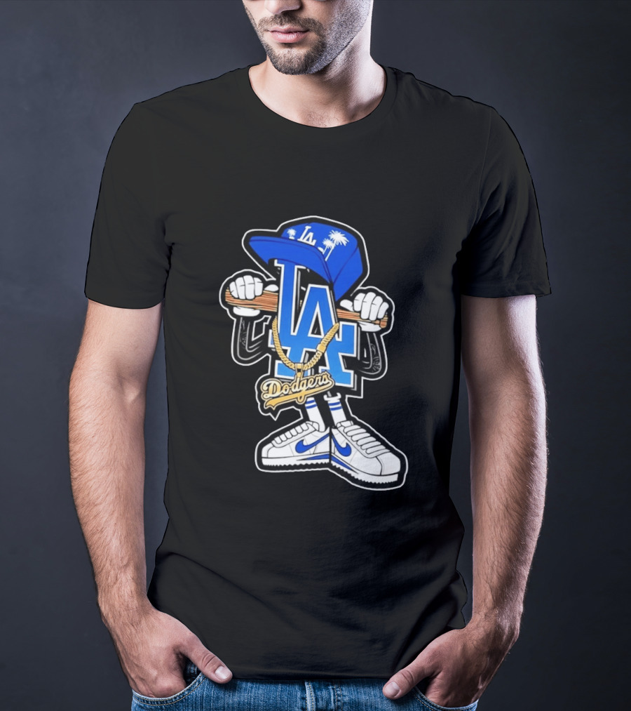 LA Dodgers Palm Trees Gold Chain With Blue Hat And Sneakers T-Shirt