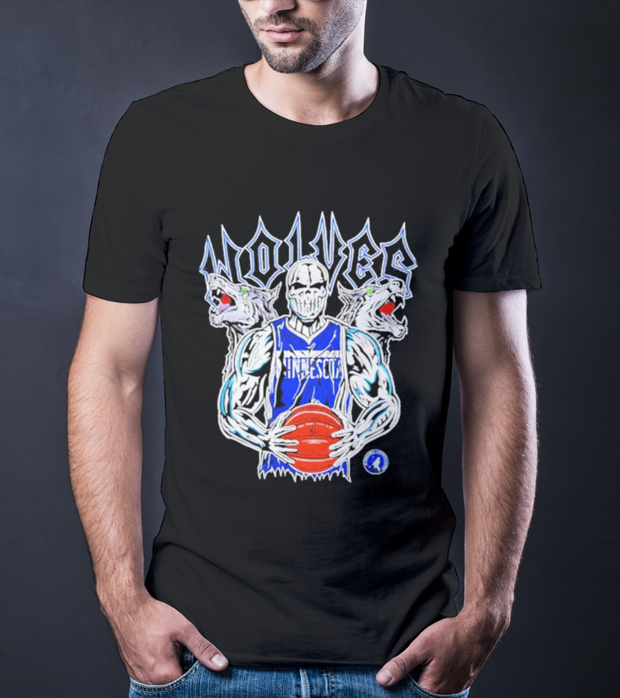Wolves Minnesota Basketball Skeleton Player With Wolf Heads T-Shirt