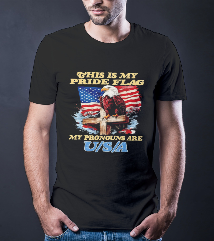 This Is My Pride Flag My Pronouns Are USA Eagle Cross American Flag T-Shirt