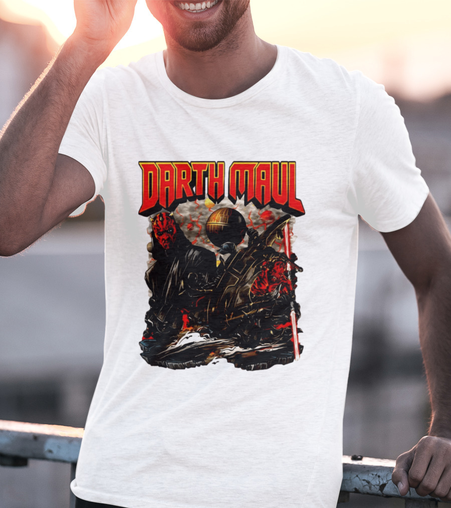 Darth Maul Star Wars Sith Warrior Battle Scene With Lightsaber And The Death Star T-Shirt