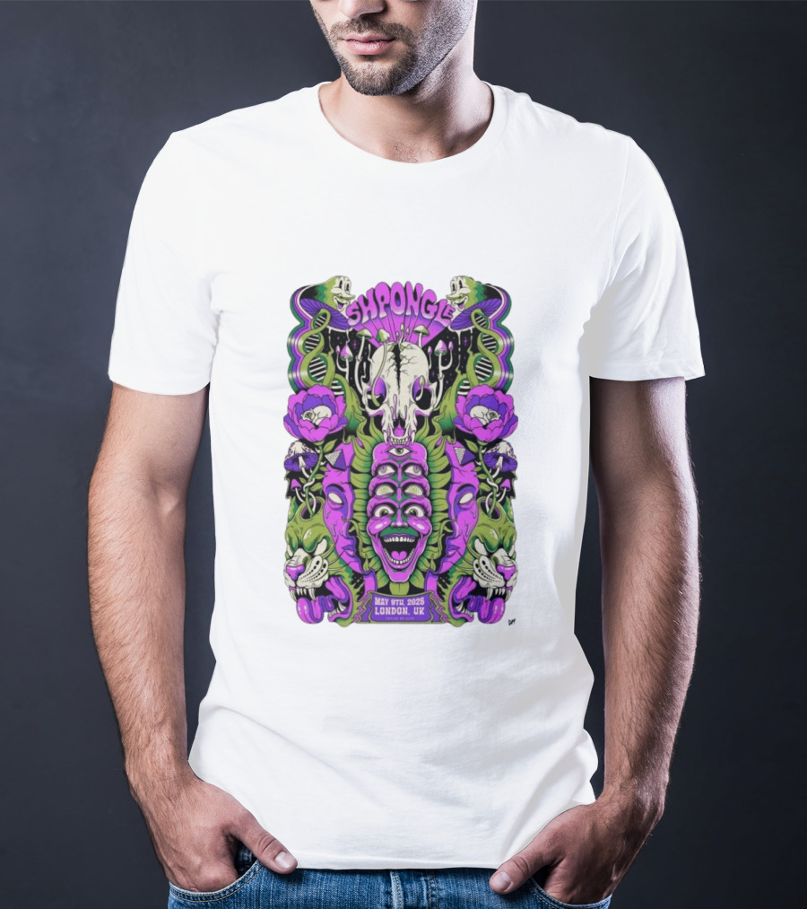 Shpongle May 9th 2026 London UK Psychedelic Imagery Skeletons And Flowers T-Shirt