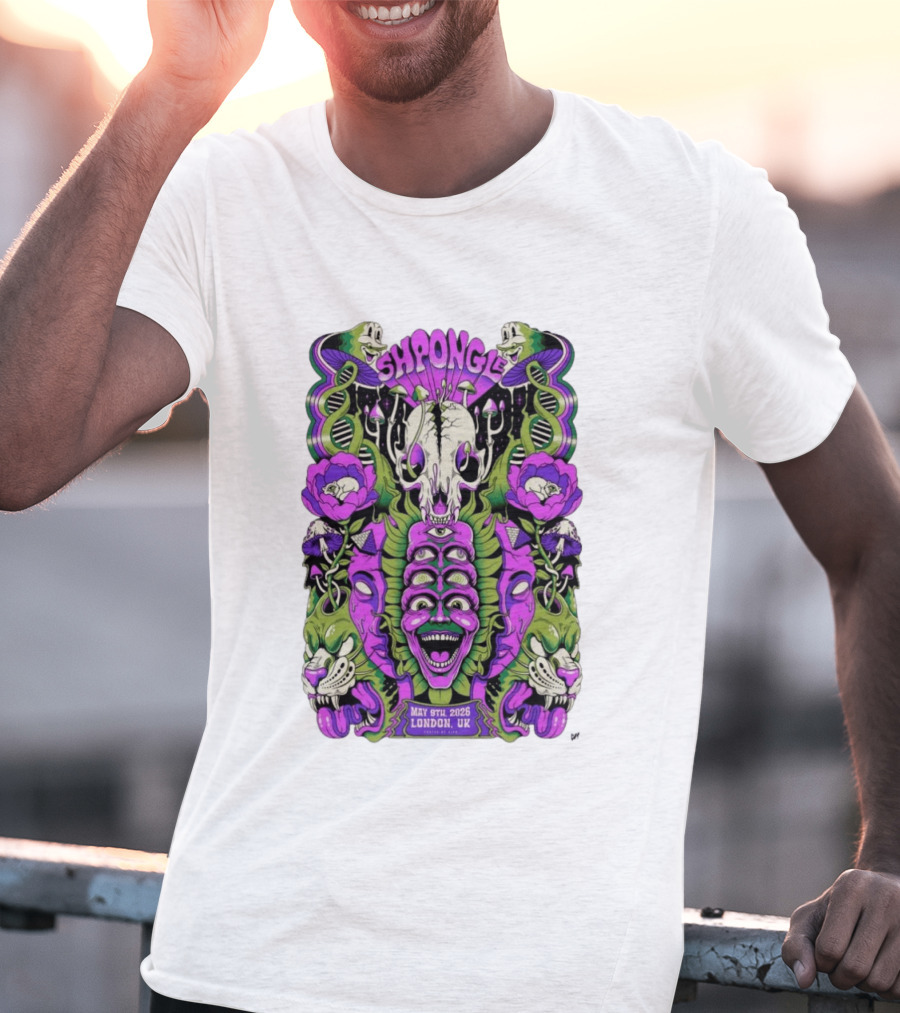 Shpongle May 9th 2026 London UK Psychedelic Imagery Skeletons And Flowers T-Shirt