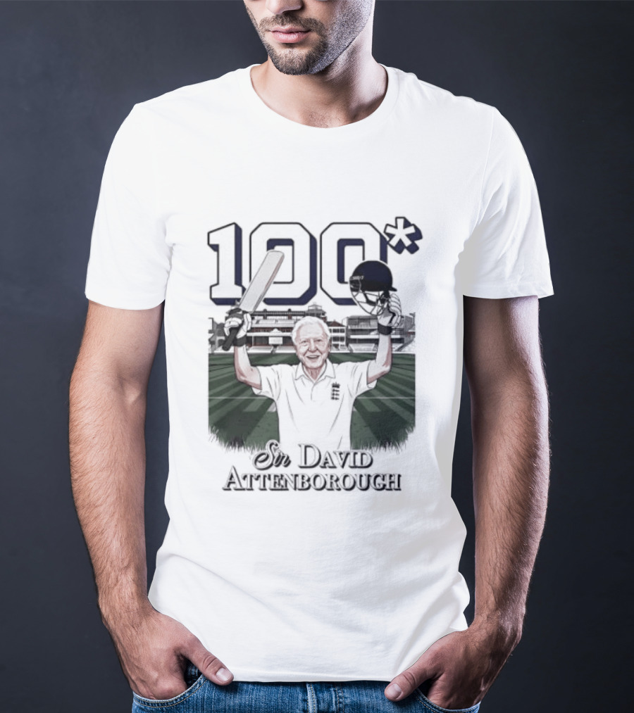 Sir David Attenborough 100 Celebration Cricket Bat And Helmet Raised T-Shirt